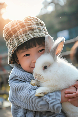 儿童和兔子高清童趣摄影图