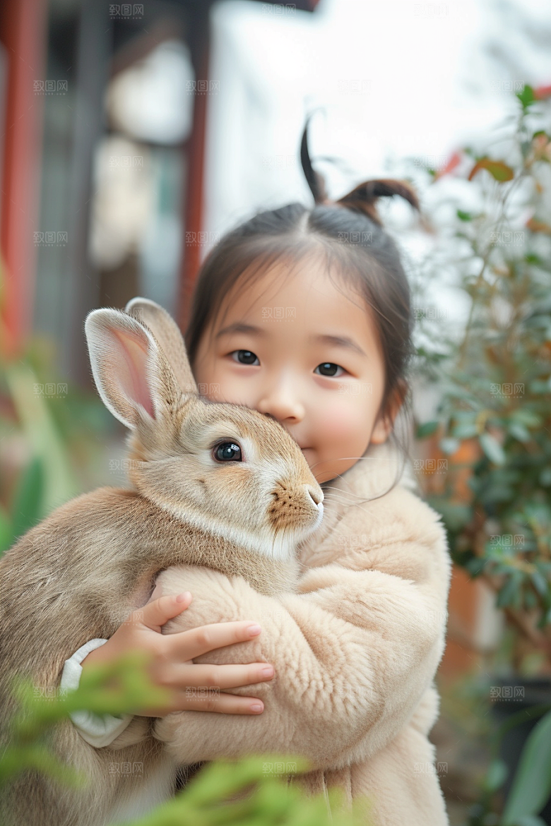 儿童和兔子自然孩子摄影图