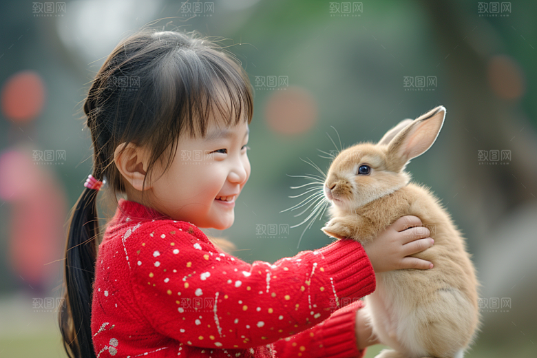 儿童和兔子生活高清摄影图