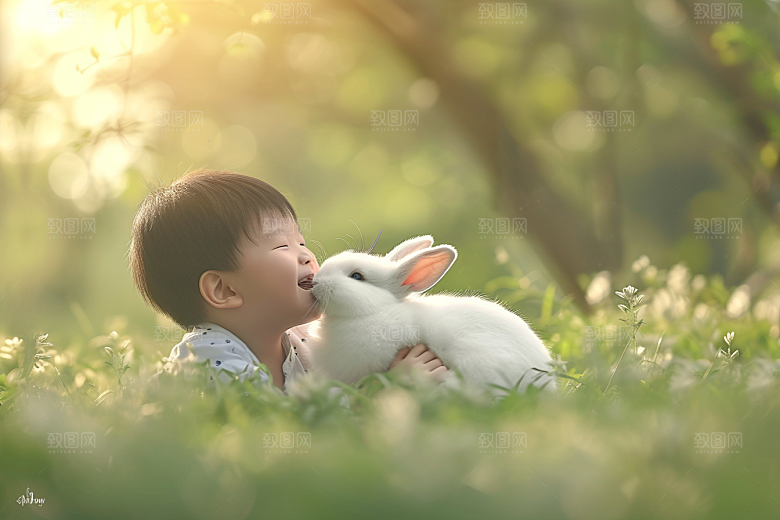 儿童和兔子童趣自然摄影图