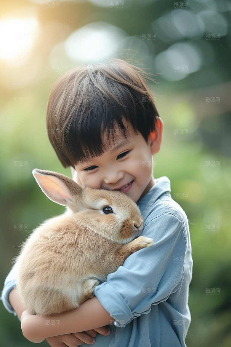 儿童和兔子可爱高清摄影图