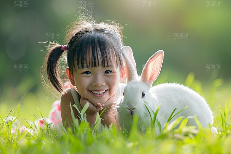 儿童和兔子孩子自然摄影图