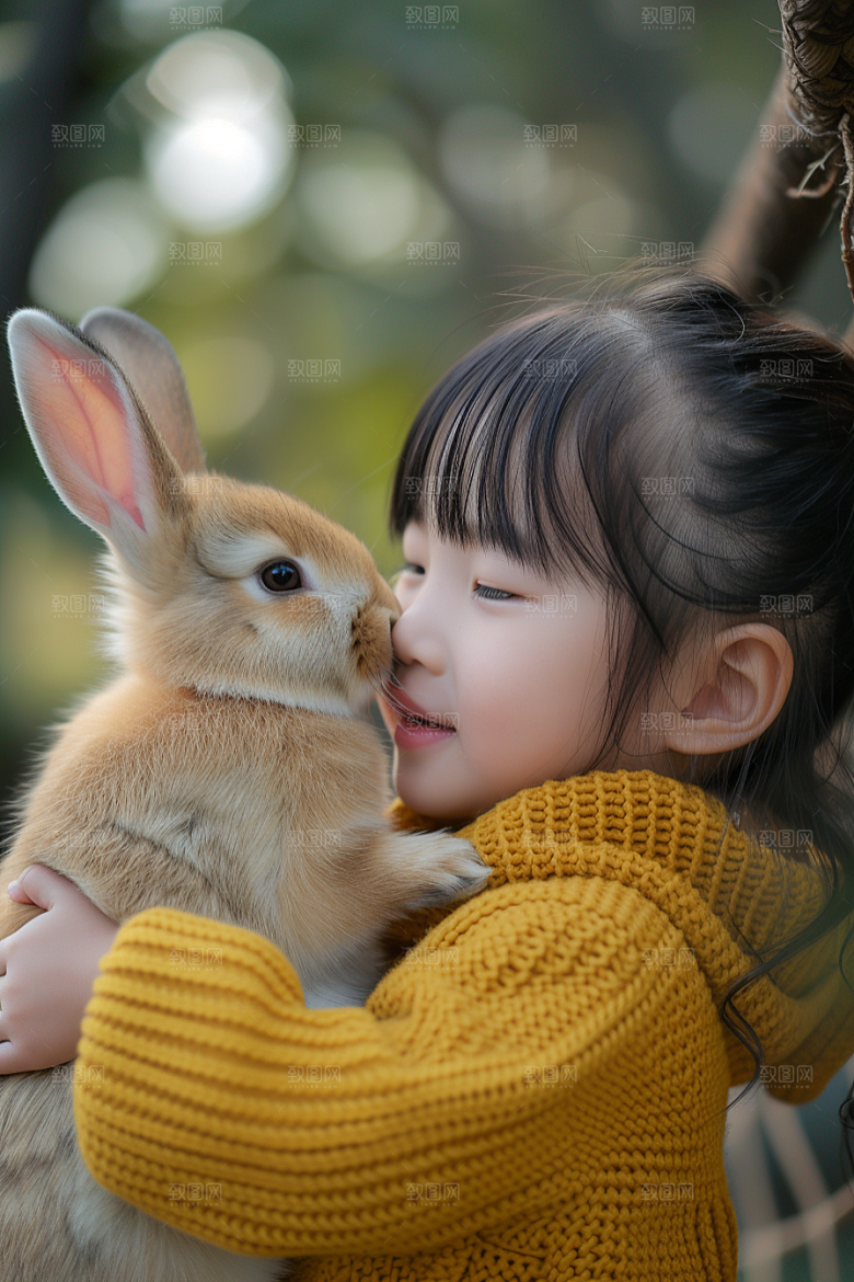 儿童和兔子生活高清摄影图