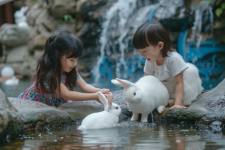 儿童和兔子高清孩子摄影图
