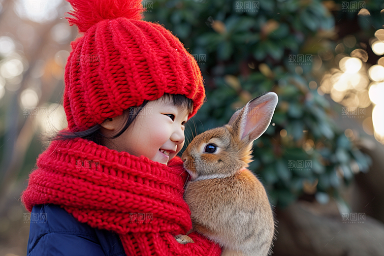 儿童和兔子清新自然摄影图