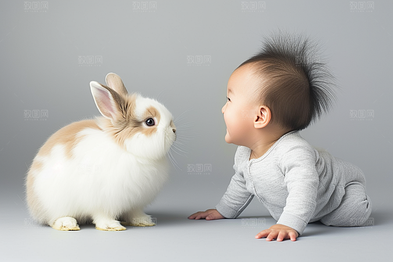 儿童和兔子清新孩子摄影图