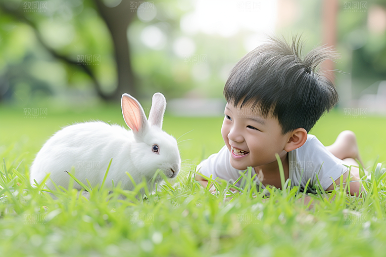 儿童和兔子清新孩子摄影图
