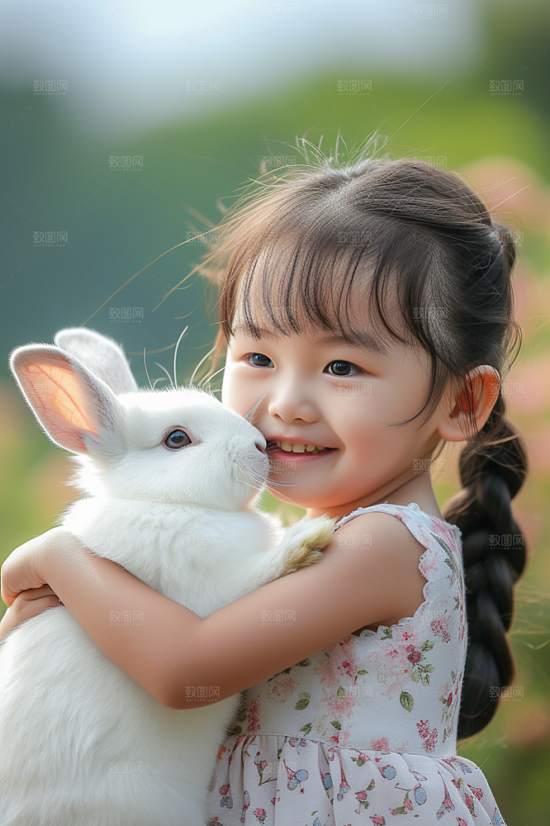 儿童和兔子高清爱心摄影图