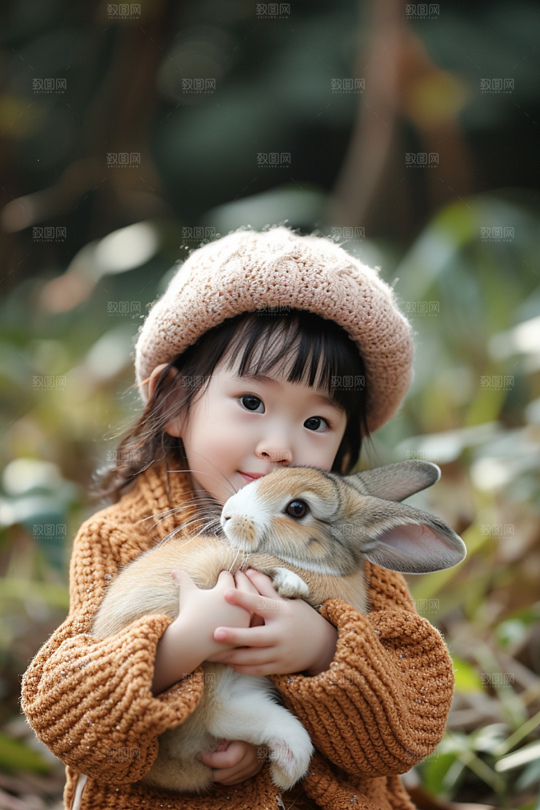 儿童和兔子宠物自然摄影图
