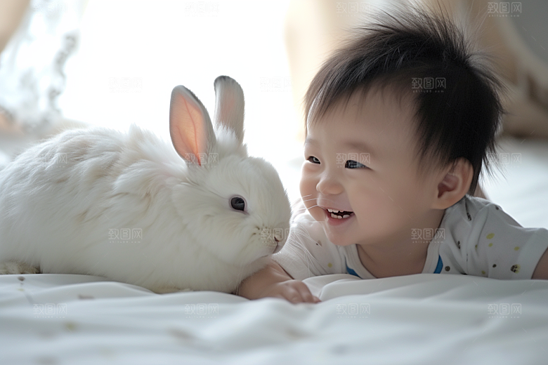 儿童和兔子高清童趣摄影图
