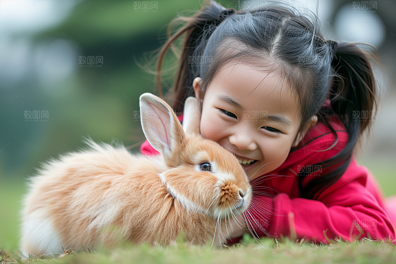 儿童和兔子自然孩子摄影图