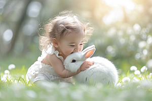 儿童和兔子可爱生活摄影图