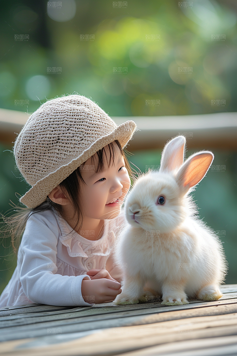 儿童和兔子清新生活摄影图