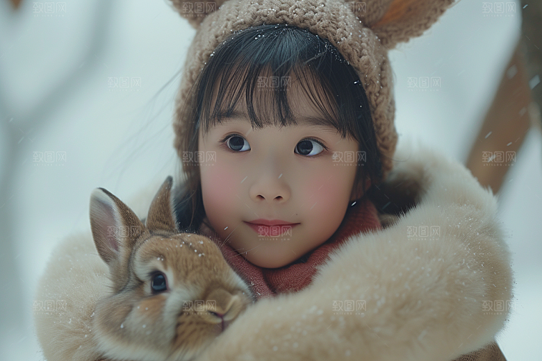 儿童和兔子自然清新摄影图
