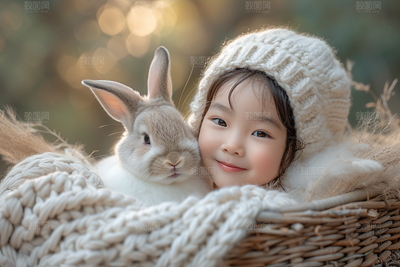 儿童和兔子爱心高清摄影图
