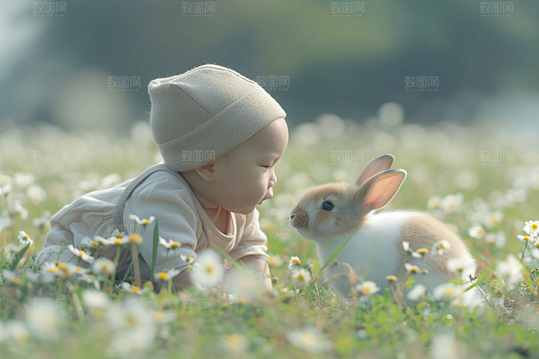 儿童和兔子高清宠物摄影图