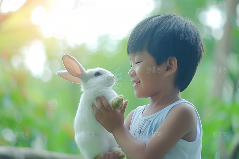 儿童和兔子清新自然摄影图
