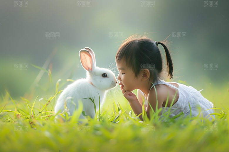 儿童和兔子童趣高清摄影图