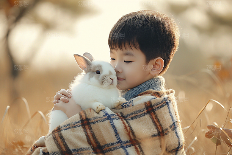 儿童和兔子宠物生活摄影图