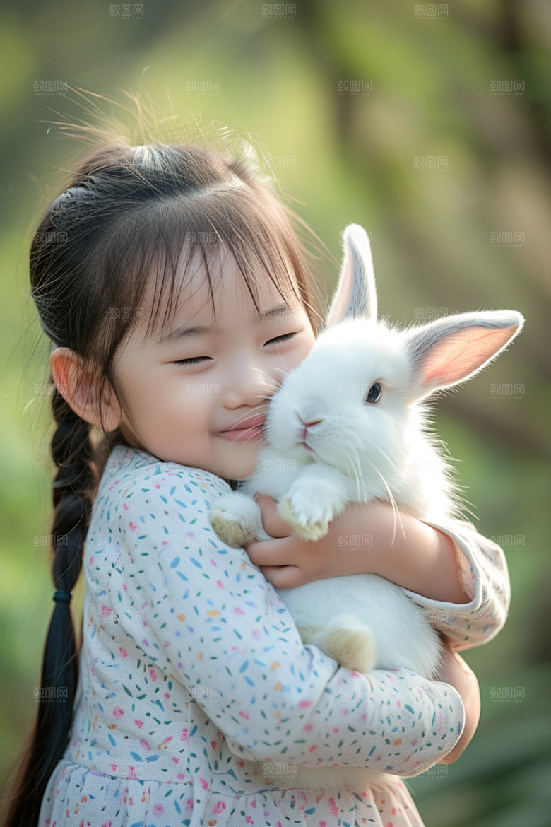 儿童和兔子高清生活摄影图