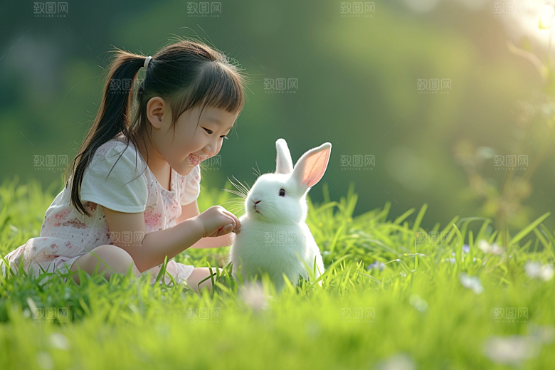 儿童和兔子高清可爱摄影图