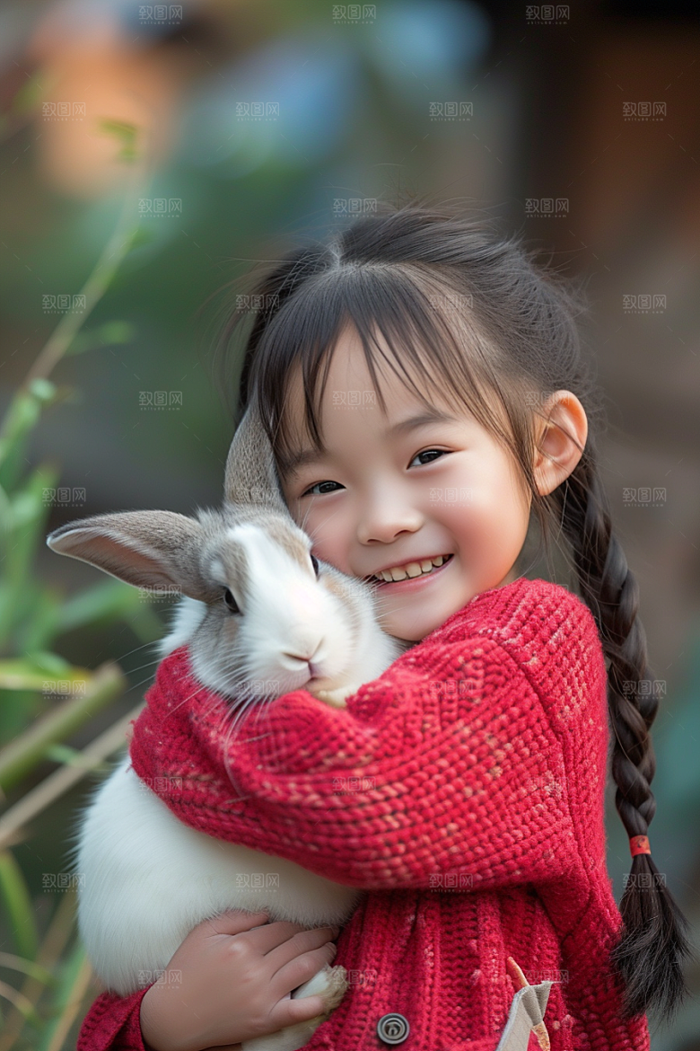 儿童和兔子孩子生活摄影图