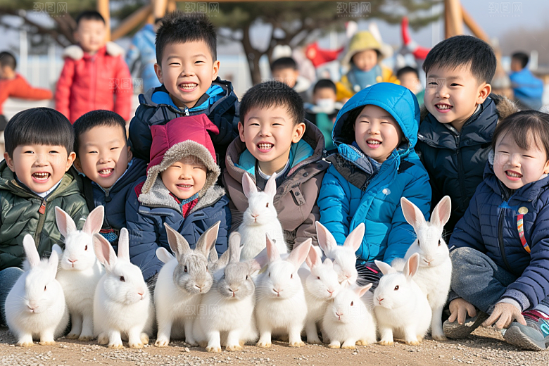 儿童和兔子高清可爱摄影图