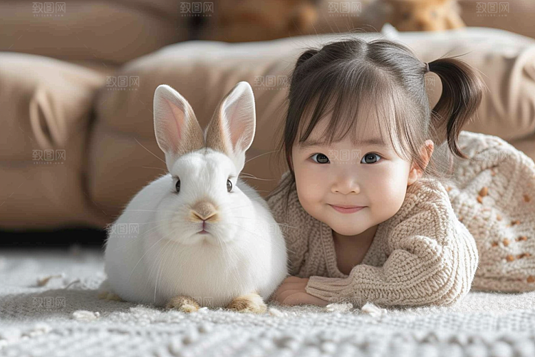 儿童和兔子孩子可爱摄影图