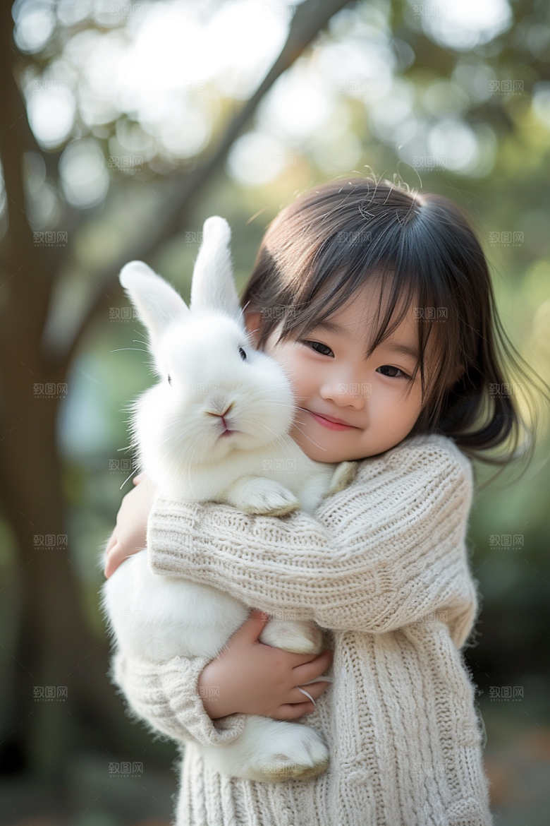 儿童和兔子孩子童趣摄影图