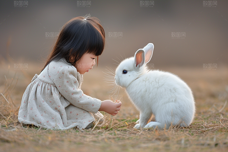 儿童和兔子宠物生活摄影图