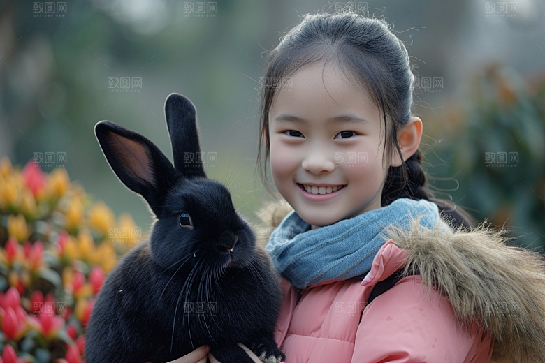 儿童和兔子自然爱心摄影图
