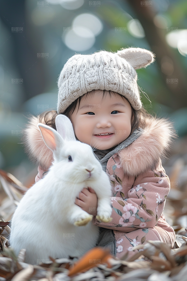 儿童和兔子高清自然摄影图
