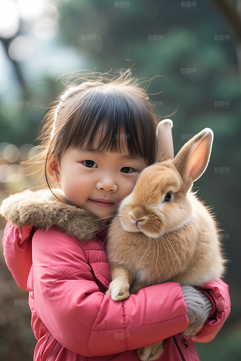 儿童和兔子清新童趣摄影图