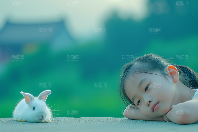 儿童和兔子可爱宠物摄影图