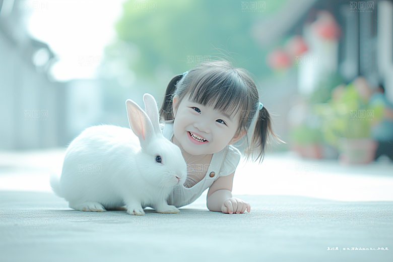 儿童和兔子孩子童趣摄影图
