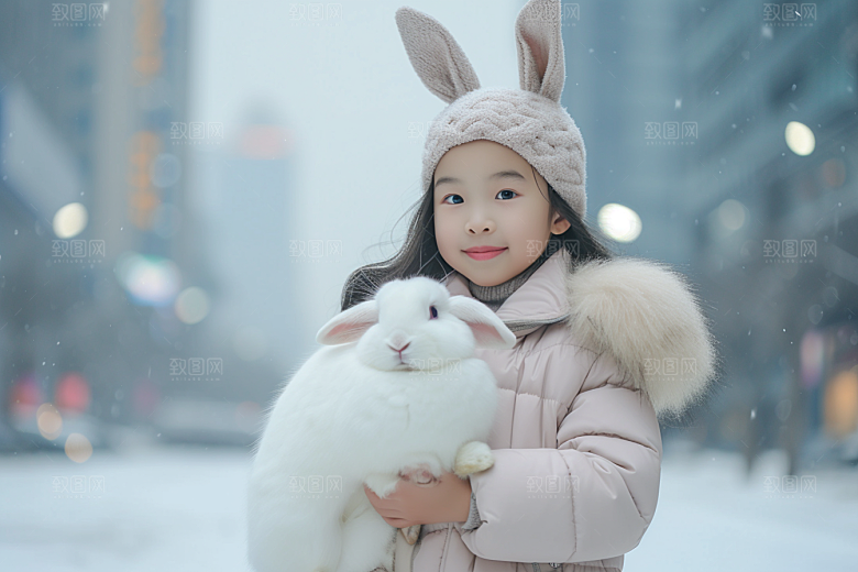 儿童和兔子爱心自然摄影图