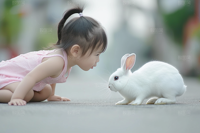 儿童和兔子生活可爱摄影图