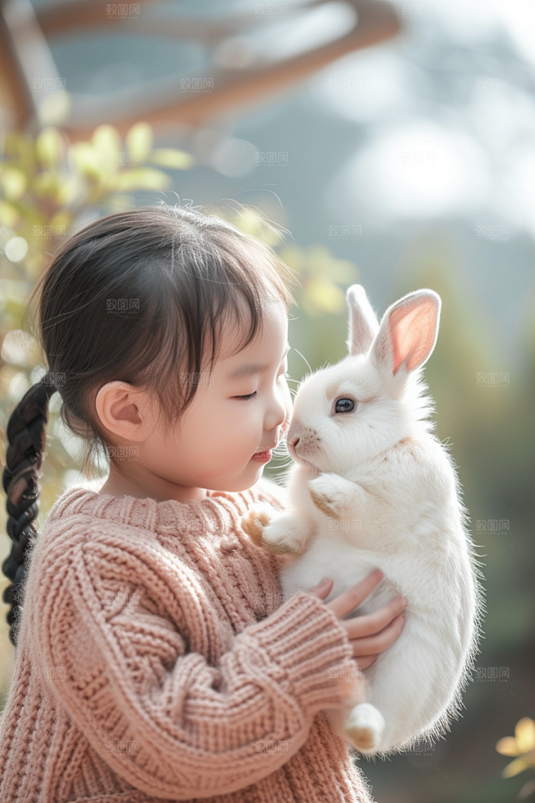 儿童和兔子生活自然摄影图