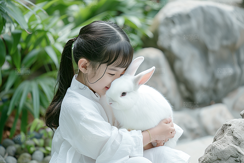 儿童和兔子宠物高清摄影图