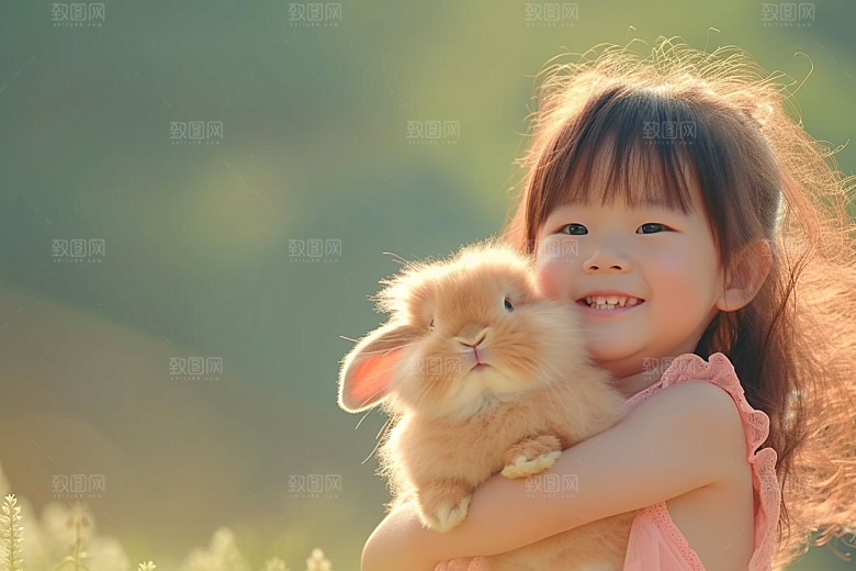 儿童和兔子宠物爱心摄影图