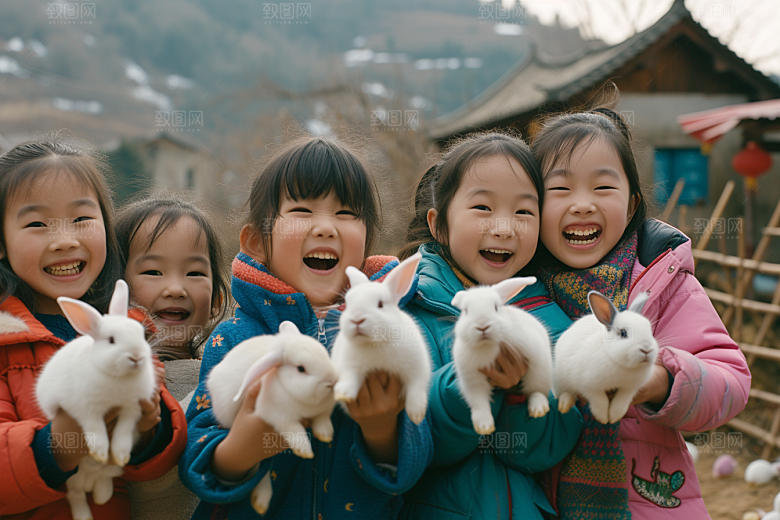 儿童和兔子自然宠物摄影图