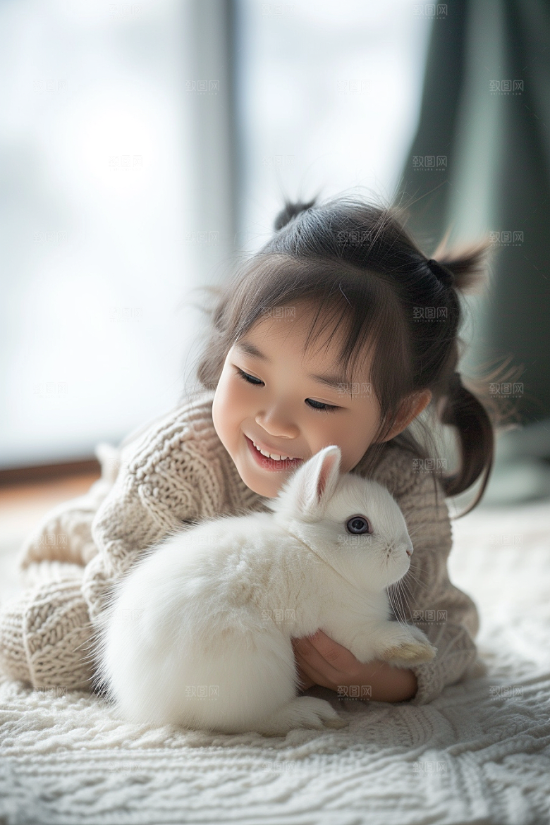 儿童和兔子生活宠物摄影图