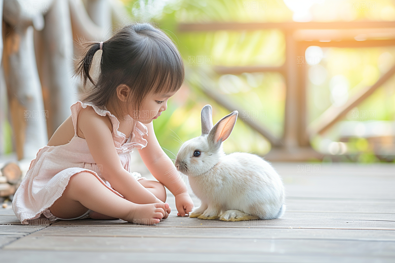 儿童和兔子高清清新摄影图