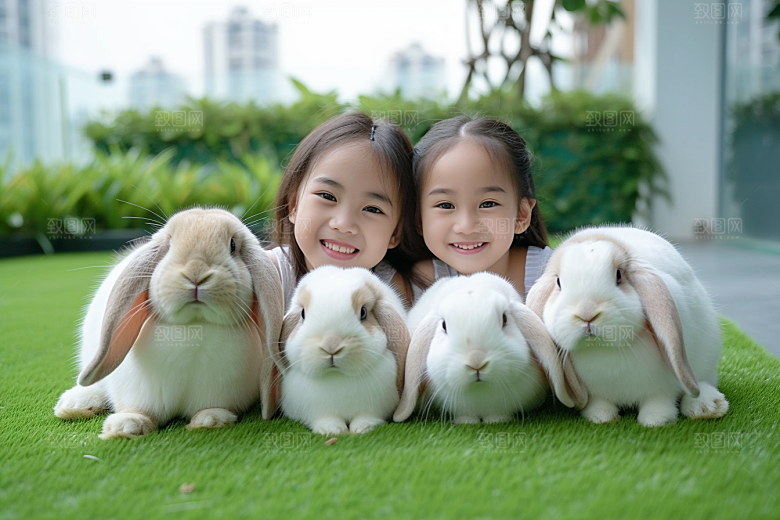 儿童和兔子孩子清新摄影图