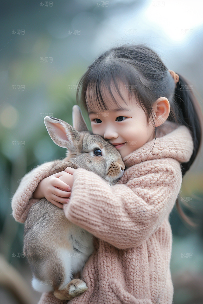 儿童和兔子生活孩子摄影图