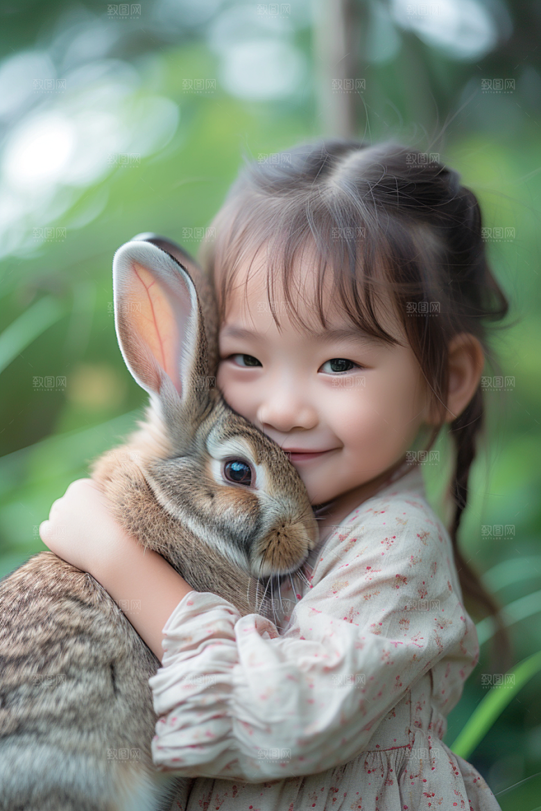 儿童和兔子爱心生活摄影图