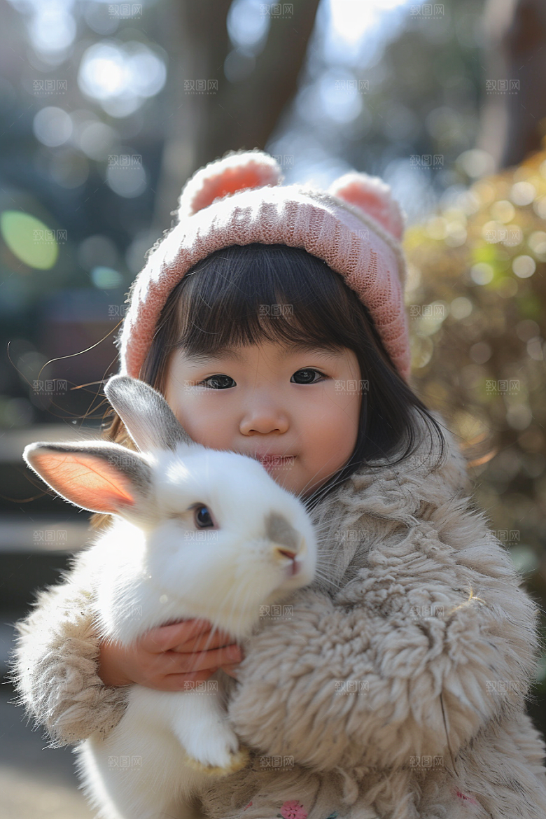 儿童和兔子孩子宠物摄影图