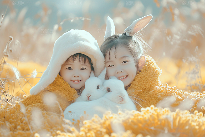 儿童和兔子自然宠物摄影图