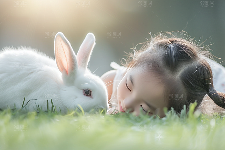 儿童和兔子宠物可爱摄影图
