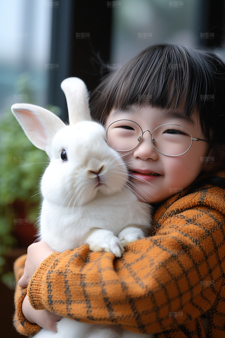 儿童和兔子生活童趣摄影图